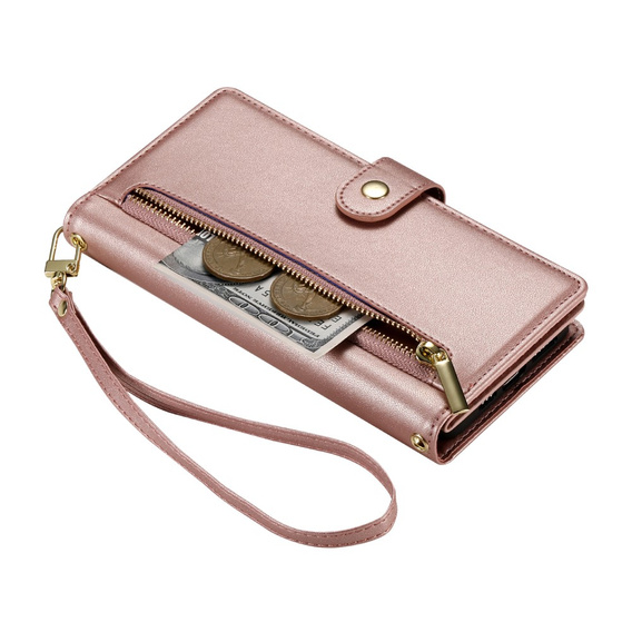 Klapkové puzdro pre iPhone 16 Pro, Wallet Zipper Pocket, ružové