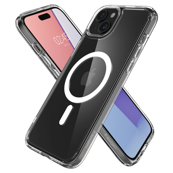 Puzdro MagSafe Spigen pre iPhone 15, Ultra Hybrid, transparentné / biele + tvrdené sklo 9H