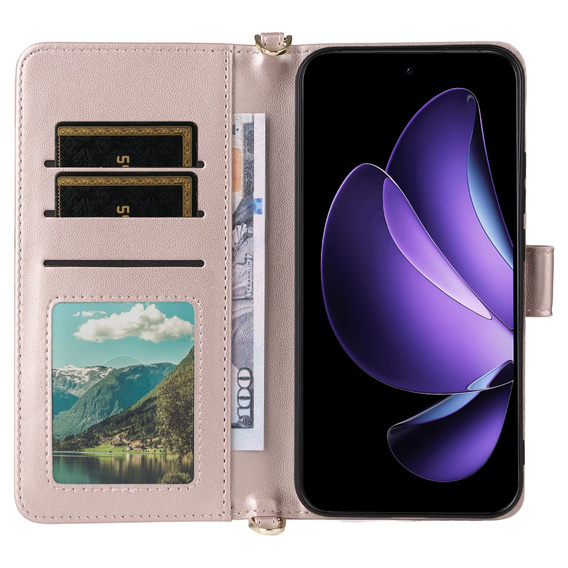 Puzdro s chlopňou pre Oppo Reno 13 5G, Crossbody Leather Wallet, ružové