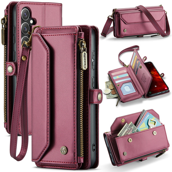 Puzdro CASEME pre Samsung Galaxy S25 FE, RFID Leather Wallet, s popruhom cez rameno, červené