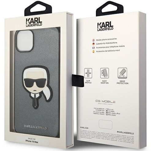 Karl Lagerfeld Obal na mobil pre iPhone 14, Saffiano Karl's Head Patch, strieborné