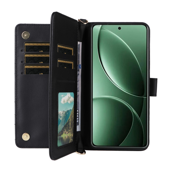 Puzdro s chlopňou pre Xiaomi Poco F7 Ultra, Crossbody Leather Wallet, čierne