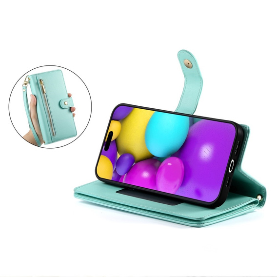 Klapkové puzdro pre iPhone 16 Plus, Wallet Zipper Pocket, zelený