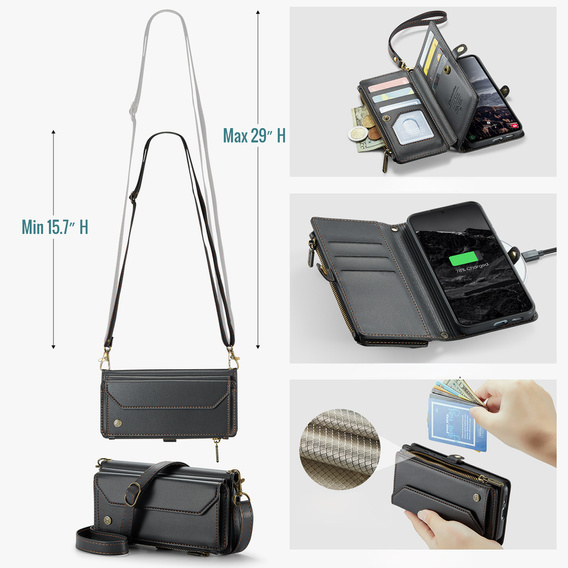 Puzdro CASEME pre Samsung Galaxy S25 FE, RFID Leather Wallet, s popruhom cez rameno, čierne