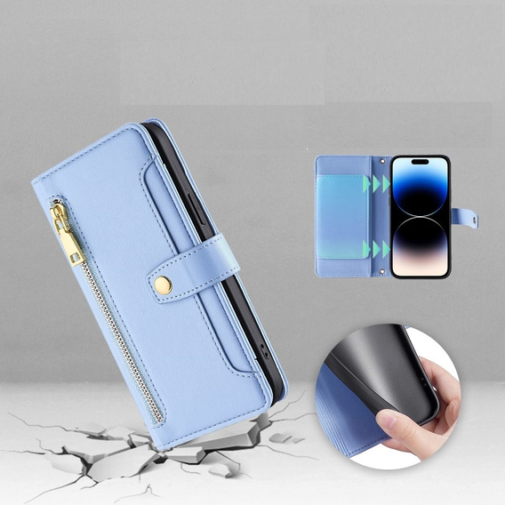 Klapkové puzdro pre iPhone 14 Pro, Wallet Zipper Pocket, modré