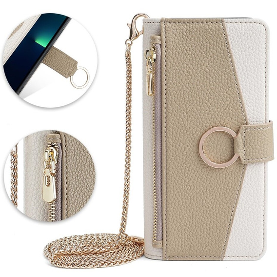 Flipové puzdro pre iPhone 15 Pro, Wallet Zipper Pocket, so zrkadlom, biele