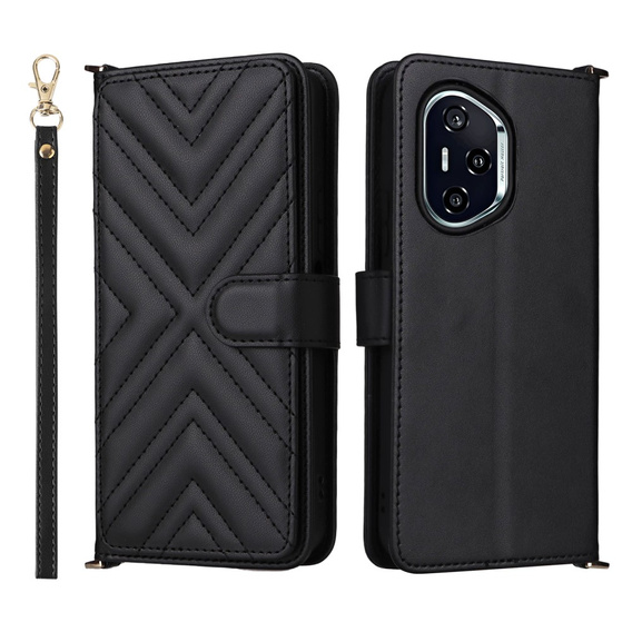 Puzdro s chlopňou pre Honor 400 5G, Crossbody Leather Wallet, čierne