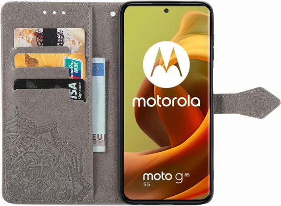 Klapkové puzdro pre Motorola Moto G85, Mandala, sivé