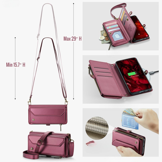 Puzdro CASEME pre Samsung Galaxy S24 FE, RFID Leather Wallet, s popruhom cez rameno, červené