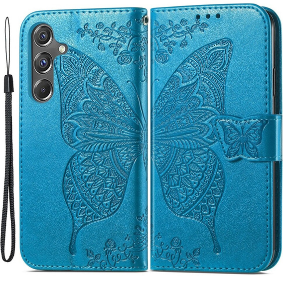 Klapkové puzdro pre Samsung Galaxy A15, Butterfly Flower, modré + 9H sklo  