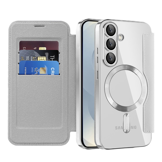 Klapkové puzdro pre Samsung Galaxy S25, RFID Wallet MagSafe CamShield, strieborné