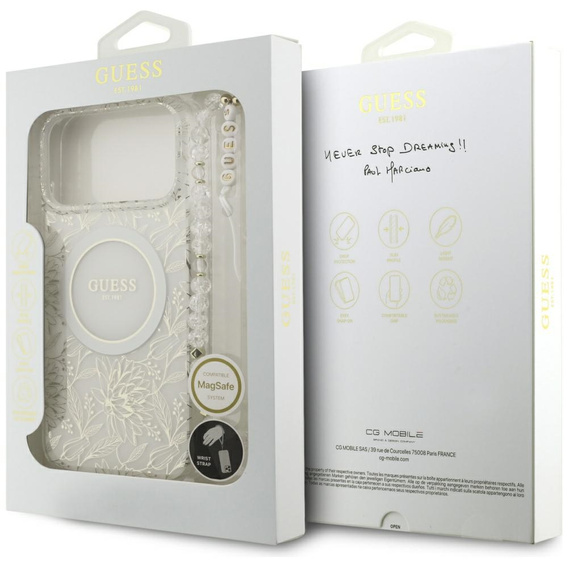 Guess IML Flowers Galvanizované po celom povrchu s remienkom s korálkami, pre MagSafe, s remienkom pre iPhone 17 Pro Max