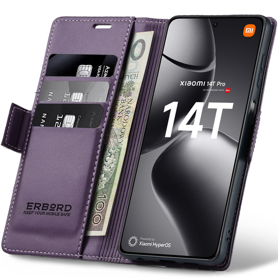 Puzdro pre Xiaomi 14T Pro, ERBORD Glossy Litchi, flipová peňaženka, fialové