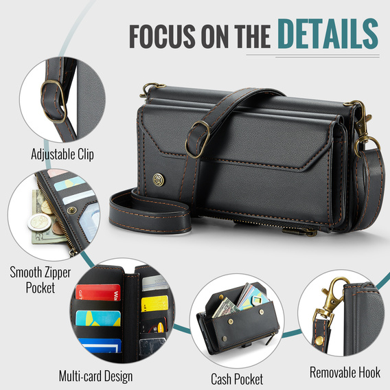 Puzdro CASEME pre Samsung Galaxy S25 FE, RFID Leather Wallet, s popruhom cez rameno, čierne