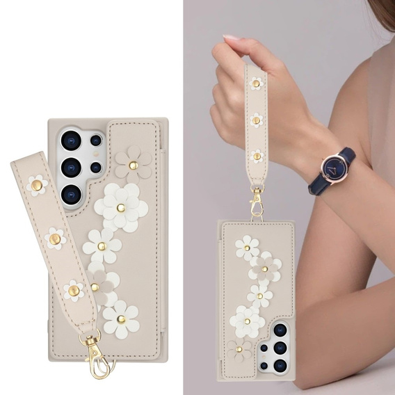 Puzdro pre Samsung Galaxy S24 Ultra, Leather Flower Card Slot, béžové