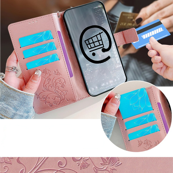 Klapkové puzdro pre Motorola Moto E14, Butterfly, ružové rose gold