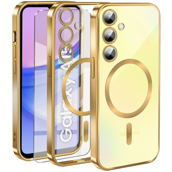 Puzdro pre Samsung Galaxy A15 4G/5G, Electro MagSafe, zlaté + sklo na displej