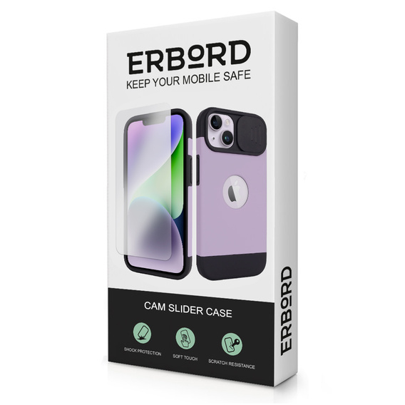 Puzdro ERBORD MagSafe Cam Slider, fialové + sklo na displej pre iPhone 13 / iPhone 14