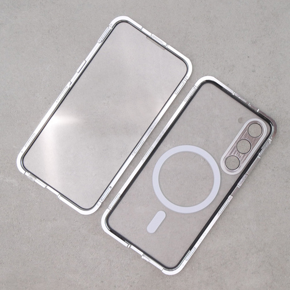 Magnetické puzdro Dual Glass MagSafe pre Samsung Galaxy S23+ Plus, strieborné