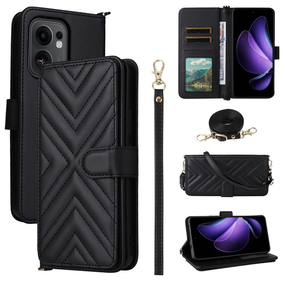 Puzdro s chlopňou pre Oppo Reno 13F 5G, Crossbody Leather Wallet, čierne