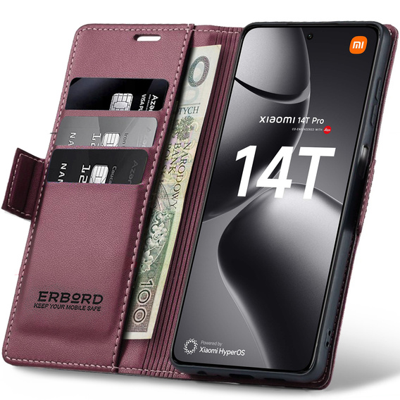 Puzdro pre Xiaomi 14T Pro, ERBORD Glossy Litchi, flipová peňaženka, červené