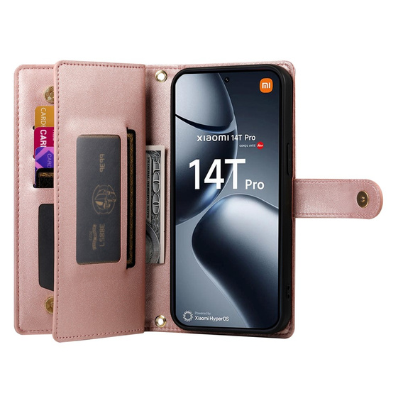 Klapkové puzdro pre Xiaomi 14T Pro, Wallet Zipper Pocket, ružové