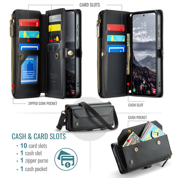Puzdro CASEME pre Samsung Galaxy S25 FE, RFID Leather Wallet, s popruhom cez rameno, čierne