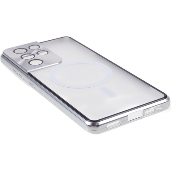 Magnetické puzdro Dual Glass MagSafe pre Samsung Galaxy S21 Ultra, strieborné