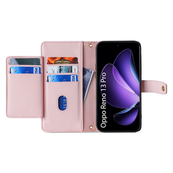 Klapkové puzdro pre Oppo Reno 13 Pro, Wallet Zipper Pocket, ružové