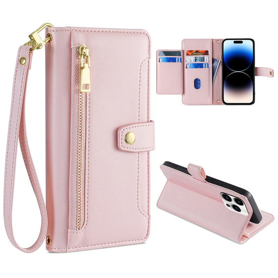 Klapkové puzdro pre iPhone 14 Pro Max, Wallet Zipper Pocket, ružové