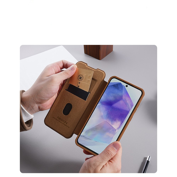 Flipové puzdro NILLKIN pre Samsung Galaxy A56, CamShield Qin Pro, kožené, čierne
