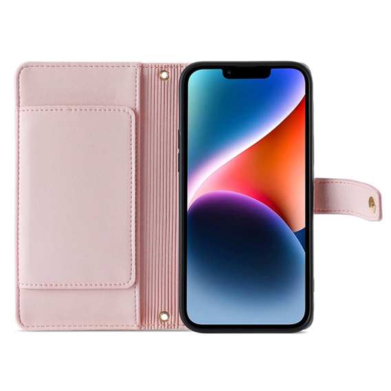 Klapkové puzdro pre iPhone 15, Wallet Zipper Pocket, ružové
