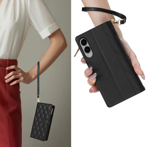 Puzdro s chlopňou pre Samsung Galaxy S25 Edge, Rhombus Crossbody Leather, čierne