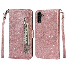 Klapkové puzdro pre Samsung Galaxy A35 5G, Wallet Zipper Pocket Glittery, ružové rose gold