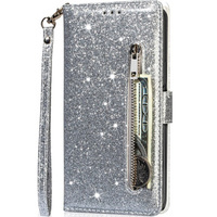 Klapkové puzdro pre Samsung Galaxy A55, Wallet Zipper Pocket Glittery, strieborné