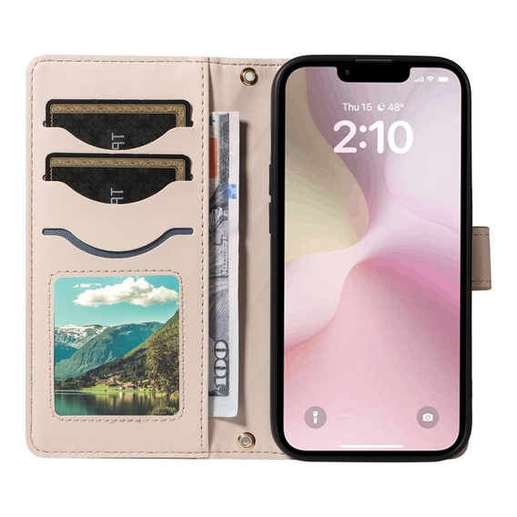 Puzdro s chlopňou pre iPhone 16E, Rhombus Crossbody Leather, béžové