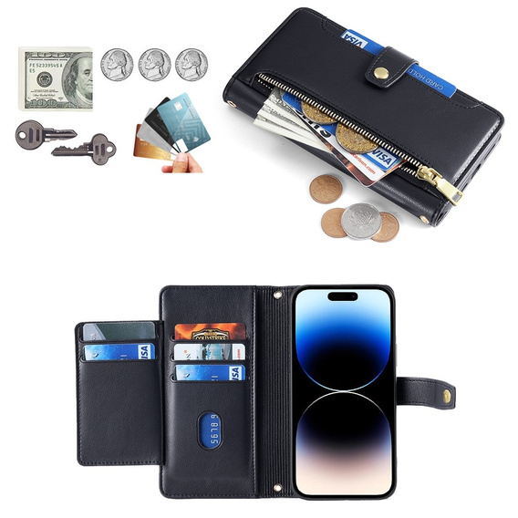 Klapkové puzdro pre iPhone 14 Pro Max, Wallet Zipper Pocket, čierne