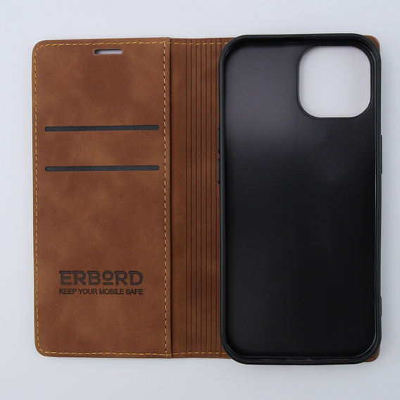 Puzdro pre iPhone 15, ERBORD Vintage, peňaženka s chlopňou, hnedé