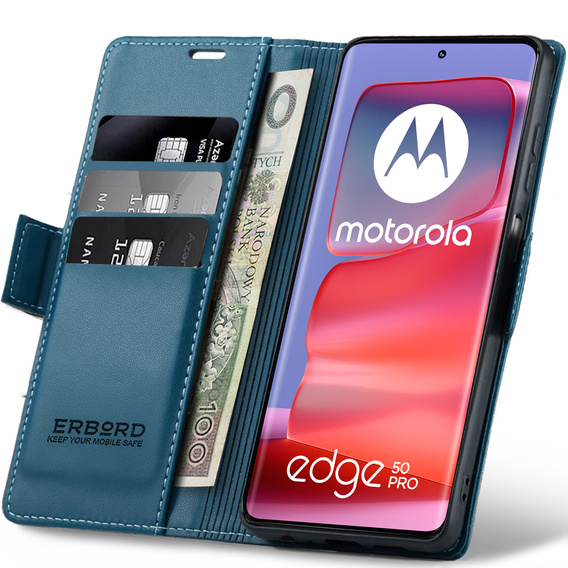 Puzdro pre Motorola Edge 50 Pro, ERBORD Glossy Litchi, flipová peňaženka, modré