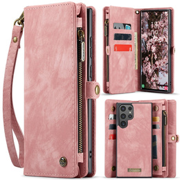 CASEME puzdro pre Samsung Galaxy S25 Ultra, Retro Leather Wallet, s remienkom, ružové