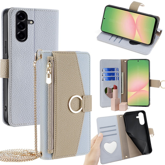 Flipové puzdro pre Samsung Galaxy A56 5G, Wallet Zipper Pocket, so zrkadlom, modré