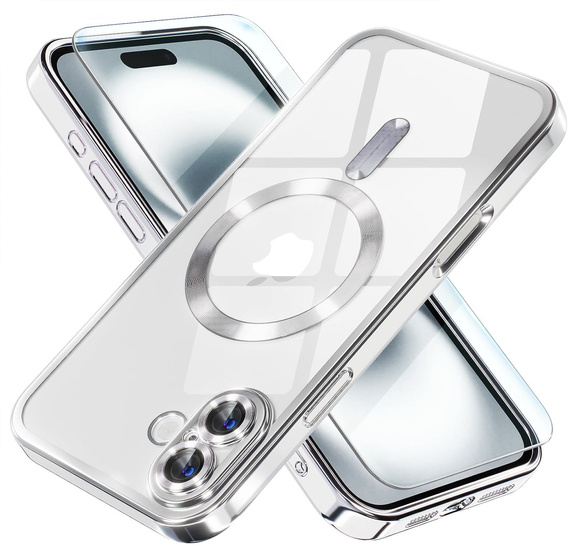 Puzdro pre iPhone 16 Plus, Electro MagSafe, strieborné + sklo na displej