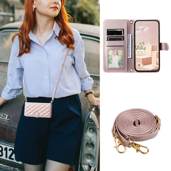 Puzdro s chlopňou pre iPhone 16 Pro, Rhombus Crossbody Leather, ružové rose gold