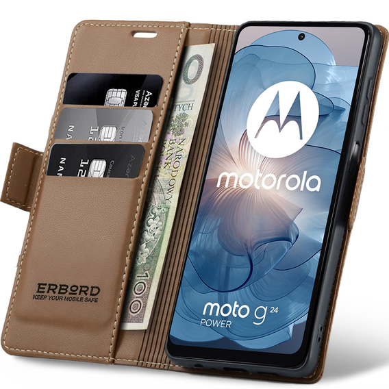 Puzdro pre Motorola Moto G24 Power, ERBORD Glossy Litchi, flipová peňaženka, hnedé