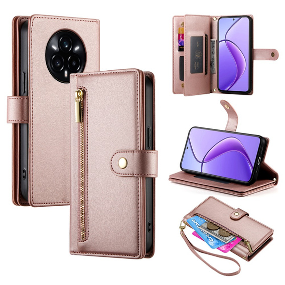 Klapkové puzdro pre Realme 14 Pro+ 5G, Wallet Zipper Pocket, ružové