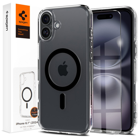 Puzdro MagSafe Spigen pre iPhone 16, Ultra Hybrid, transparentné / čierne + tvrdené sklo 9H