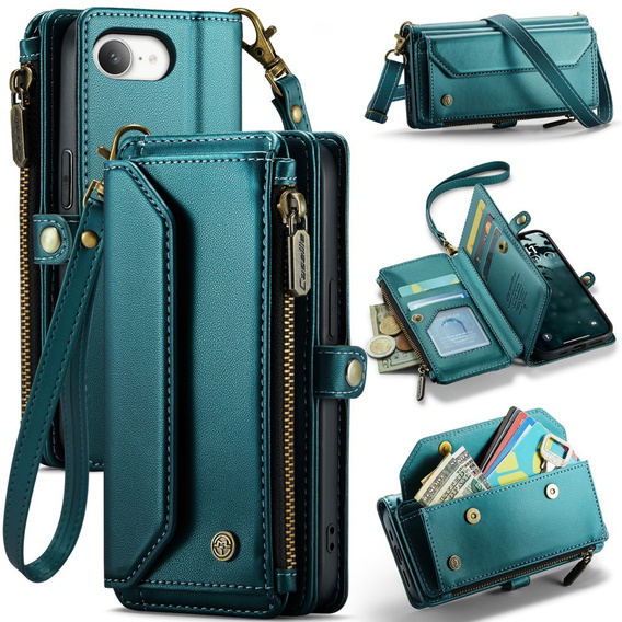 Puzdro CASEME pre iPhone16e, RFID Leather Wallet, s popruhom cez rameno, zelený