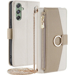 Flipové puzdro pre Samsung Galaxy M34 5G, Wallet Zipper Pocket, so zrkadlom, biele