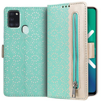 Klapkové puzdro pre Samsung Galaxy A21S, Wallet Pocket Zipper Lace, zelený