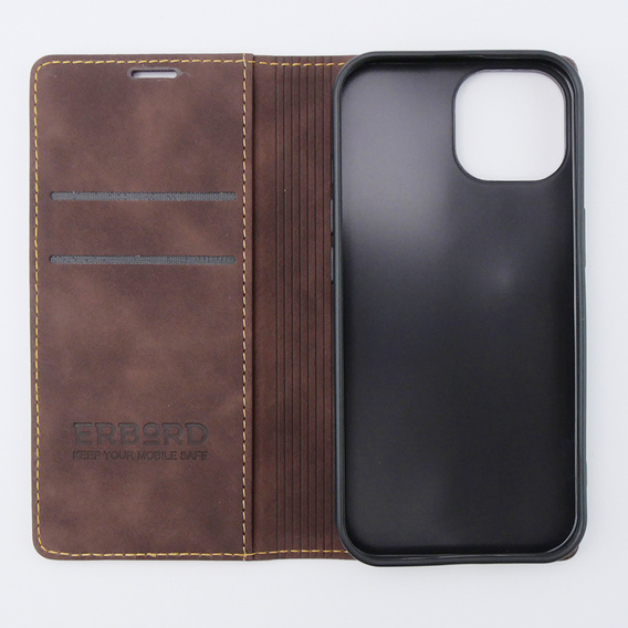 Puzdro pre iPhone 15, ERBORD Vintage, peňaženka s chlopňou, káva